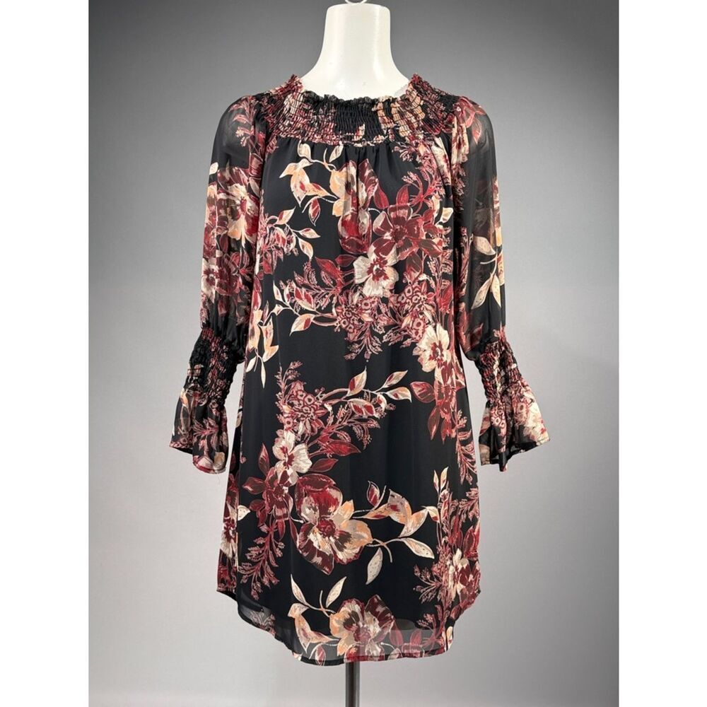 Veronica M Black Floral Long-Sleeve Smocked Dress (r14)